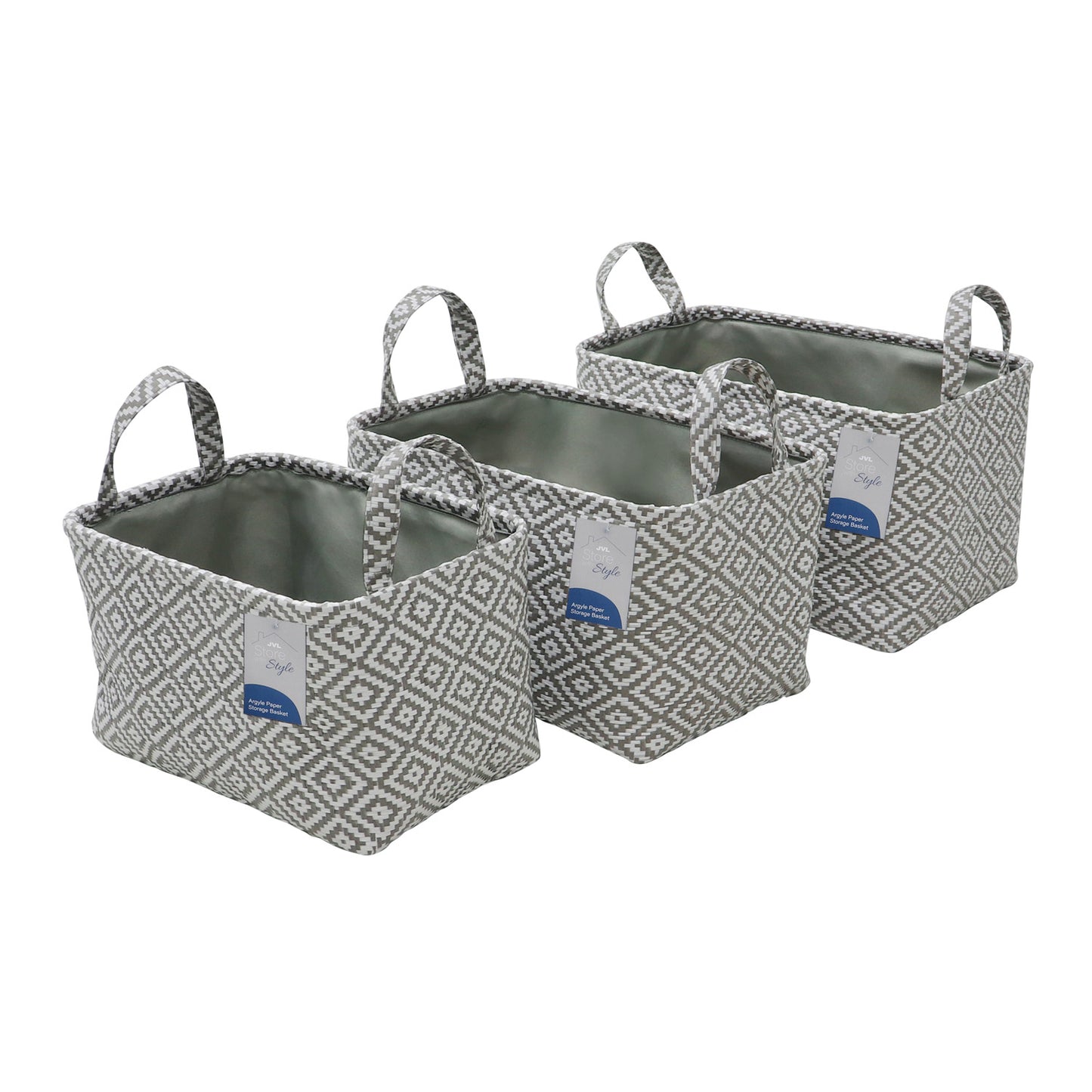 Argyle Set of 3 Rectangular Paper Storage Baskets With Handles