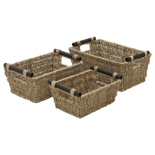Seagrass Set Of 3 Rectangular Storage Baskets (Wood Handles)