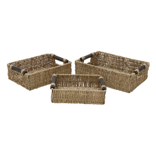 Seagrass Set Of 3 Small Rectangular Storage Baskets (Wood Handles)