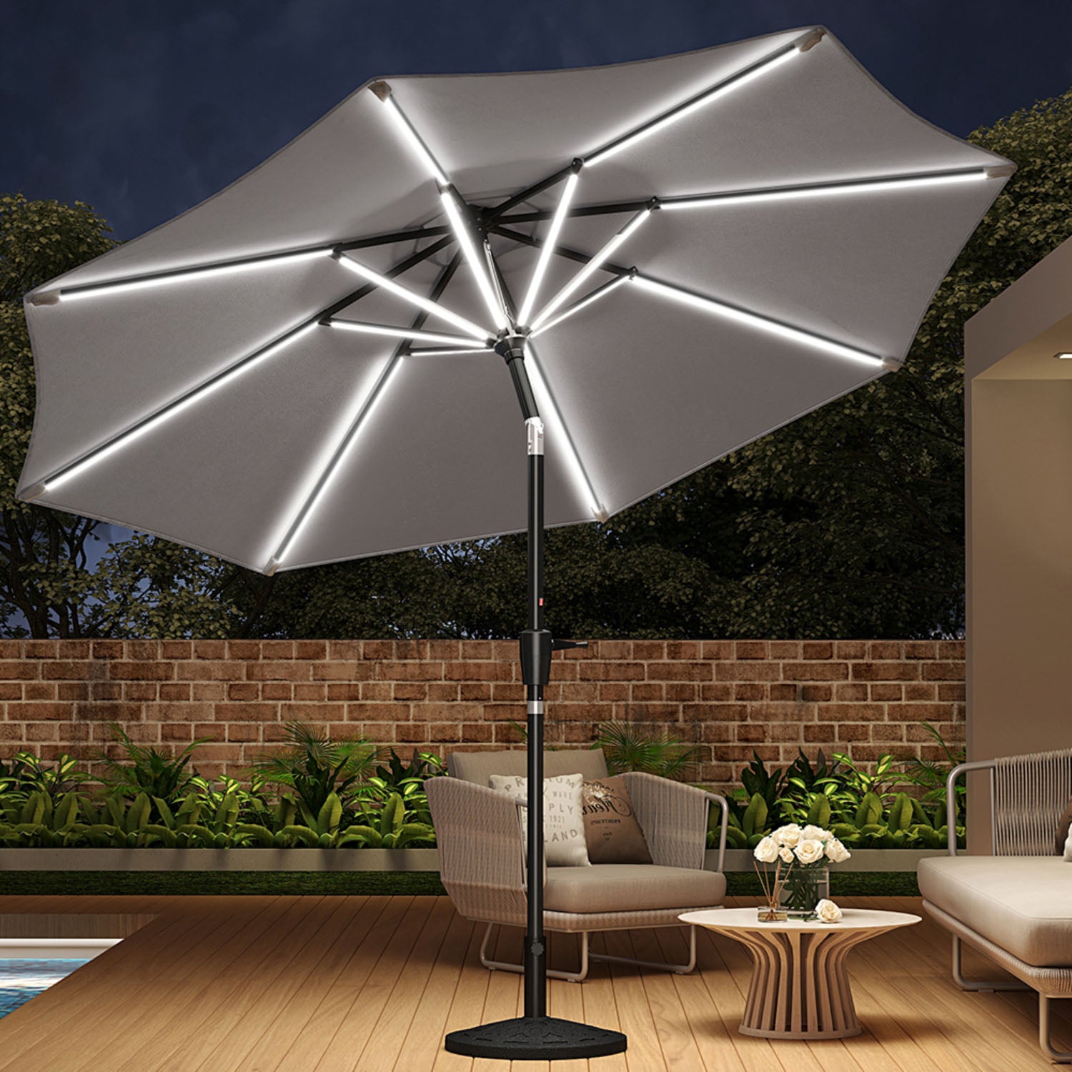 Solar LED Crank & Tilt Light Grey Parasol With Resin Floral Base 3m