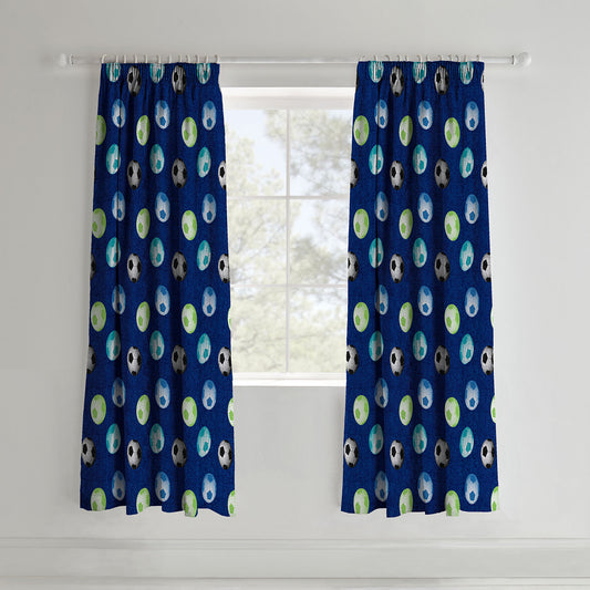 Catherine Lansfield Blue Football Lined Pencil Pleat Curtains