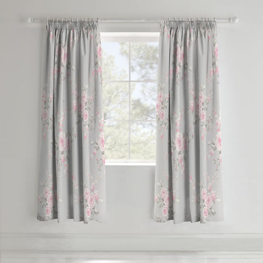 Catherine Lansfield Canterbury Grey Floral Lined Curtains
