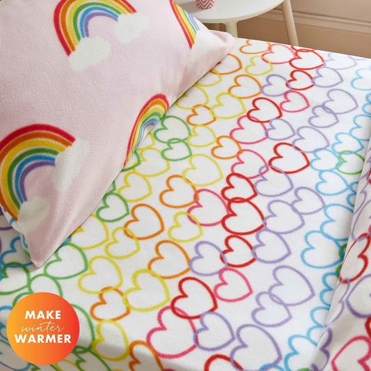 Catherine Lansfield Rainbow Hearts Pink Cosy Fleece Fitted Sheet