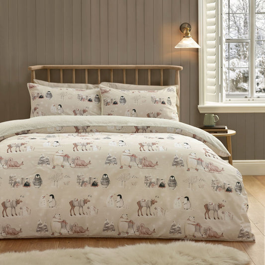 Catherine Lansfield Winter Friends Natural Sherpa Fleece Duvet Set