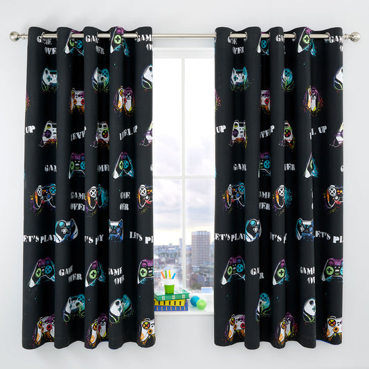 Catherine Lansfield Black Game Over Reversible Eyelet Curtains