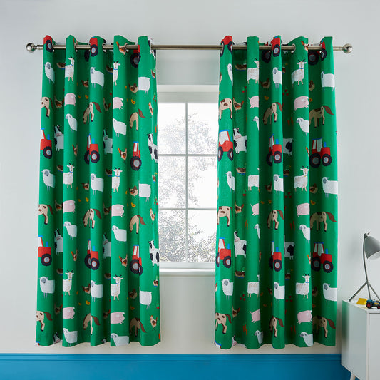 Catherine Lansfield Green Farmyard Animals Eyelet Curtains