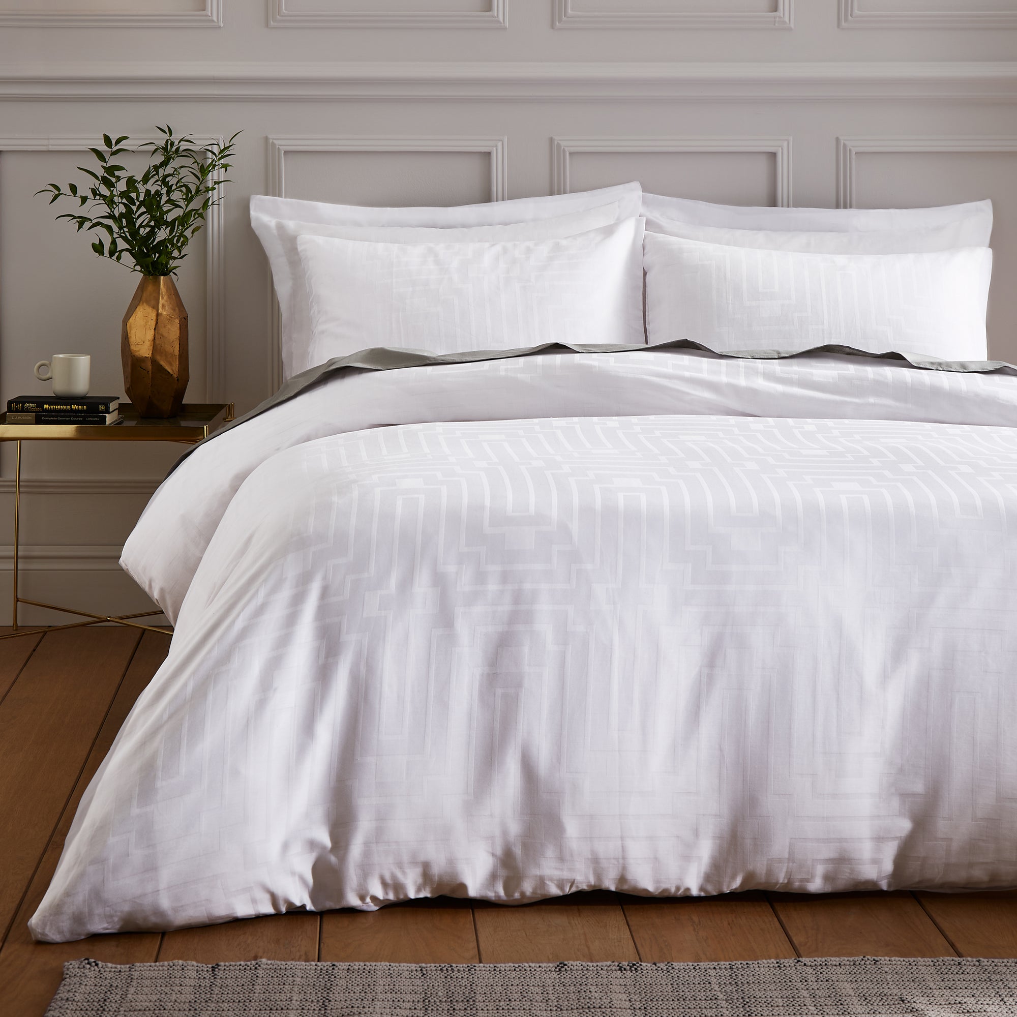 Bianca White Satin Geo Jacquard 100 Cotton Duvet Set Julian Charles Home