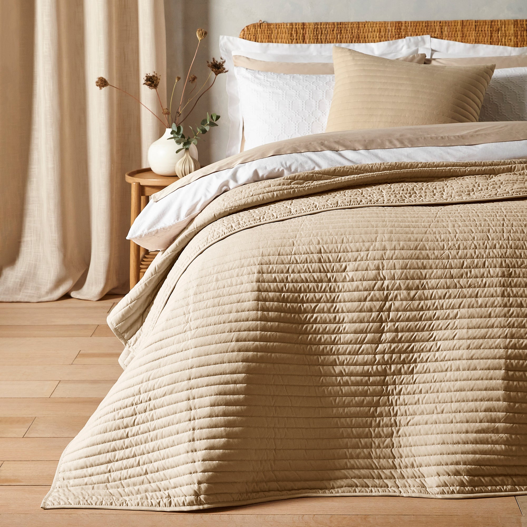 Bianca Natural Quilted Lines Bedspread (220cm x 230cm) Julian Charles