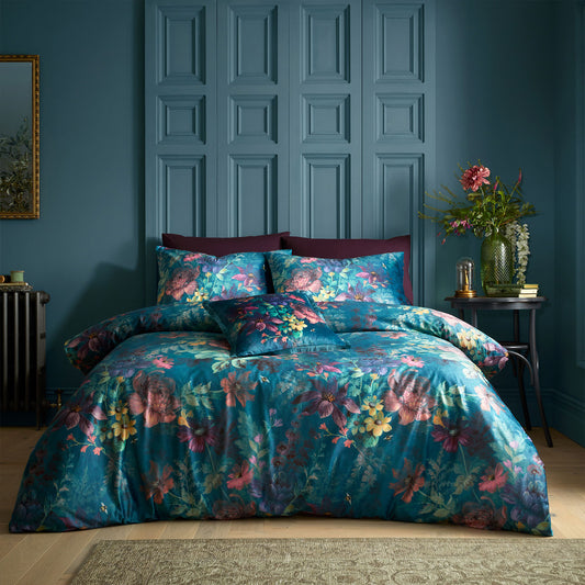 Bridgerton by Catherine Lansfield Romantic Teal Floral Velvet Duvet Set