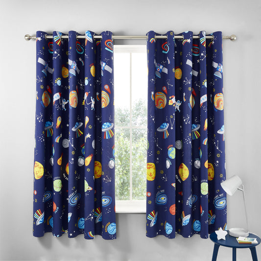 Catherine Lansfield Lost In Space Grey/Blue Reversible Eyelet Curtains