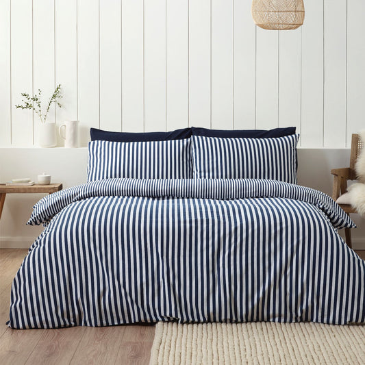 Catherine Lansfield Navy Blue Stripe Brushed Cotton Duvet Set