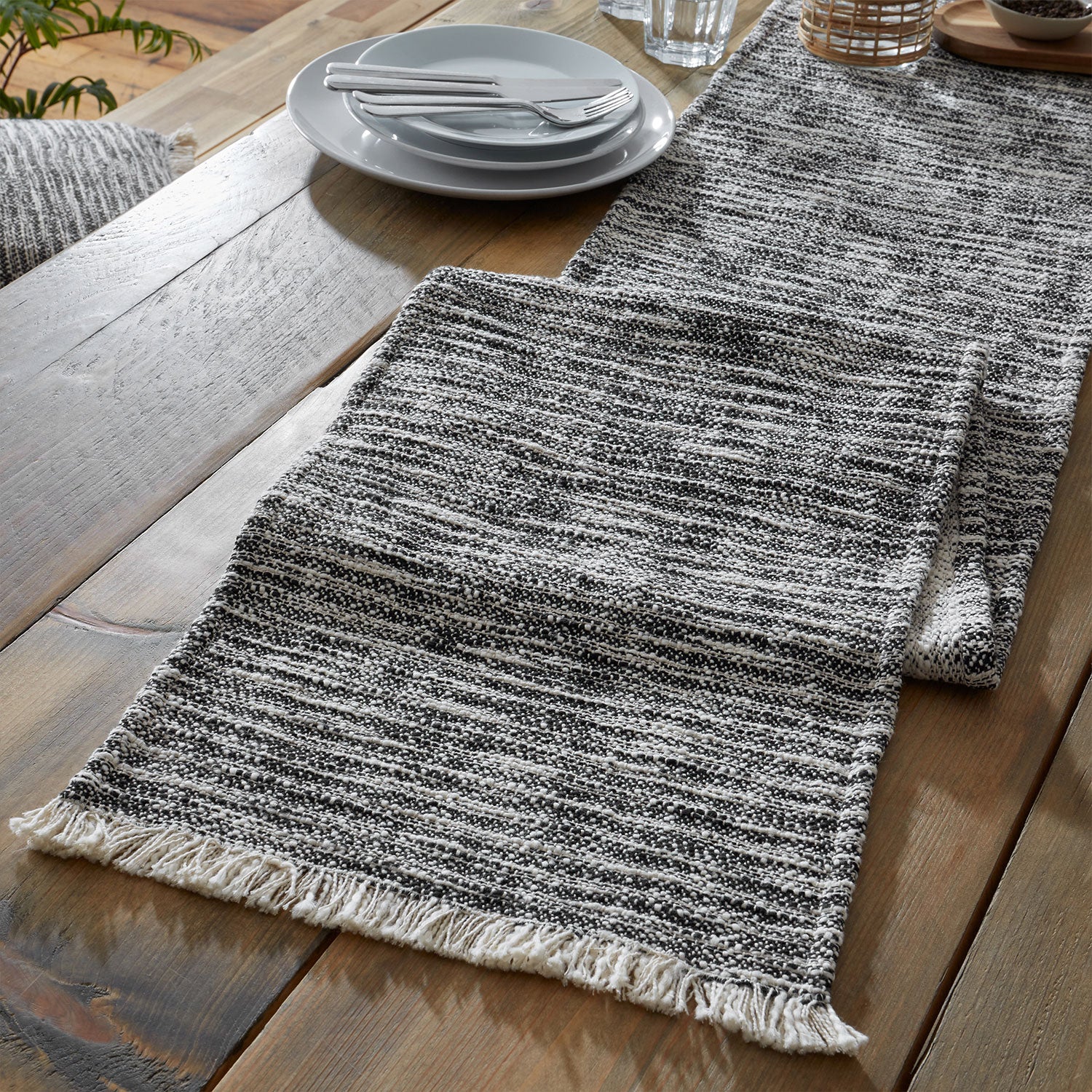 Pineapple Elephant Black Textured Frayed Edge Table Runner Julian Charles Home