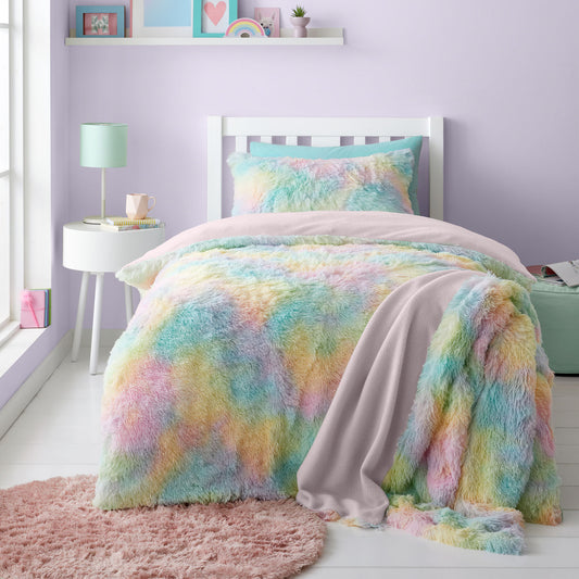Catherine Lansfield Pastel Rainbow Cuddly Deep Pile Faux Fur Duvet Set