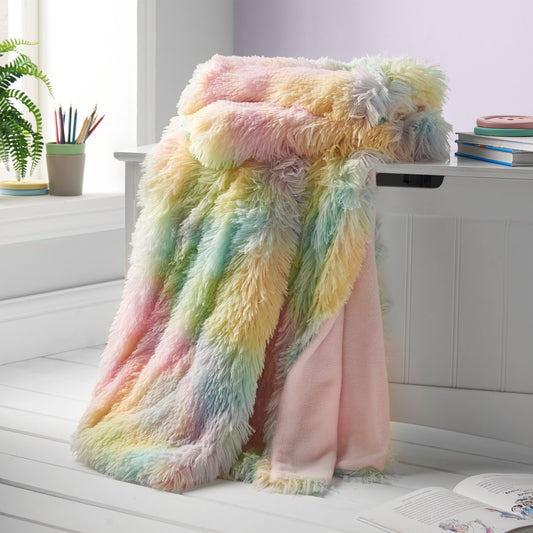 Catherine Lansfield Cuddly Rainbow Pastel Deep Pile Faux Fur Throw