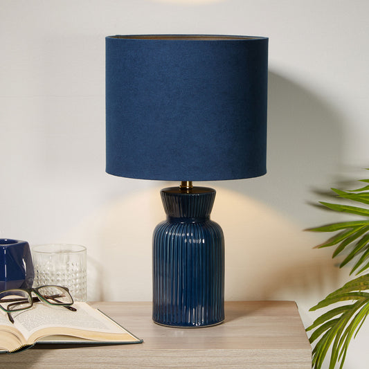 Sapphire Midnight Blue Ribbed Ceramic Table Lamp