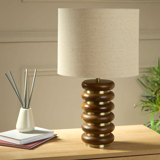 Cosy Ribbed Wood Table Lamp with Natural Linen Shade