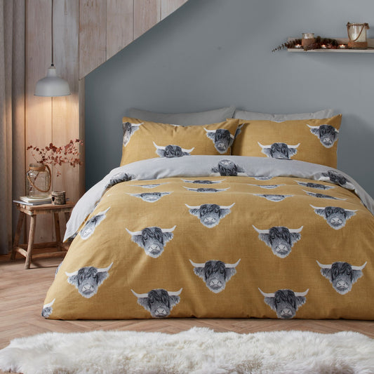 Highland Cow Ochre Brushed Duvet Set