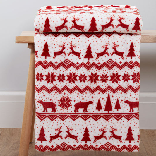 Fairisle Red Printed Christmas Fleece Throw (130cm x 150cm)