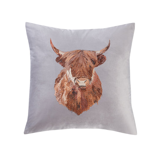 Harold Highland Cow Silver Embroidered Velvet Cushion (43cm x 43cm)