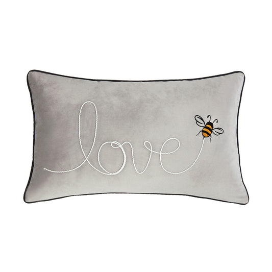 Silver Velvet Love Slogan Embroidered Bee Cushion (30cm x 50cm)