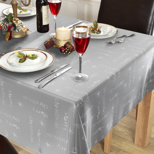 Silver Woven Jacquard Merry Christmas Table Cloth