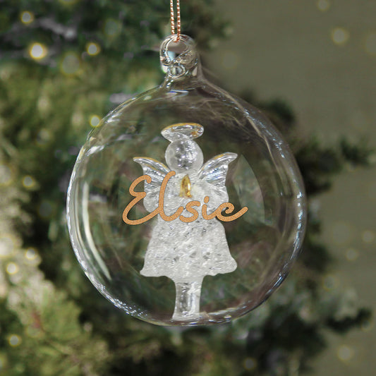 Personalised Gold Glitter Name Angel Glass Bauble
