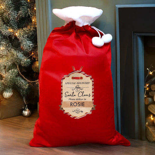 Personalised Special Delivery Pom Pom Red Santa Sack