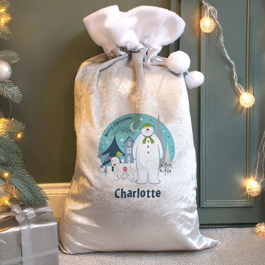 Personalised The Snowman and the Snowdog Silver Grey Pom Pom Santa Sack