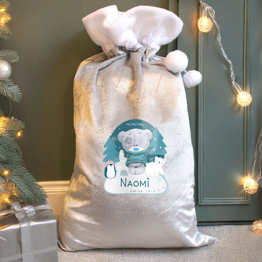Personalised Tiny Tatty Teddy Silver Grey Pom Pom Santa Sack