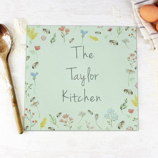 Personalised Flowers and Bees Glass Chopping Board