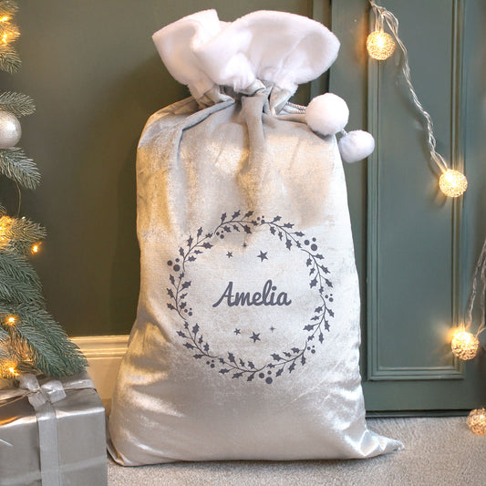 Personalised Holly Silver Grey Pom Pom Santa Sack