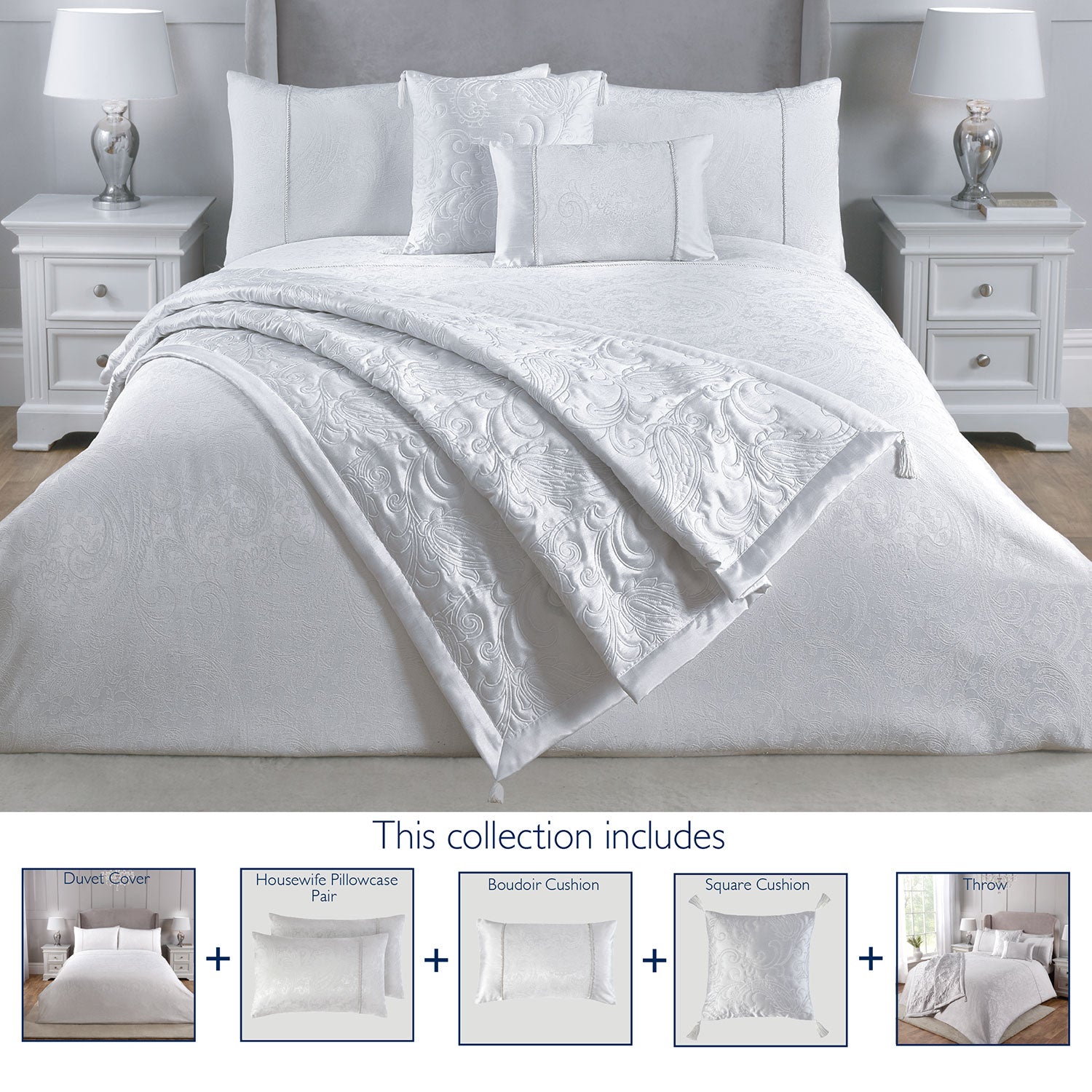 Paisley White Luxury Jacquard 5 Piece Bedding Collection Julian