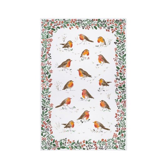 Robins and Berry Border White Tea Towel Cotton