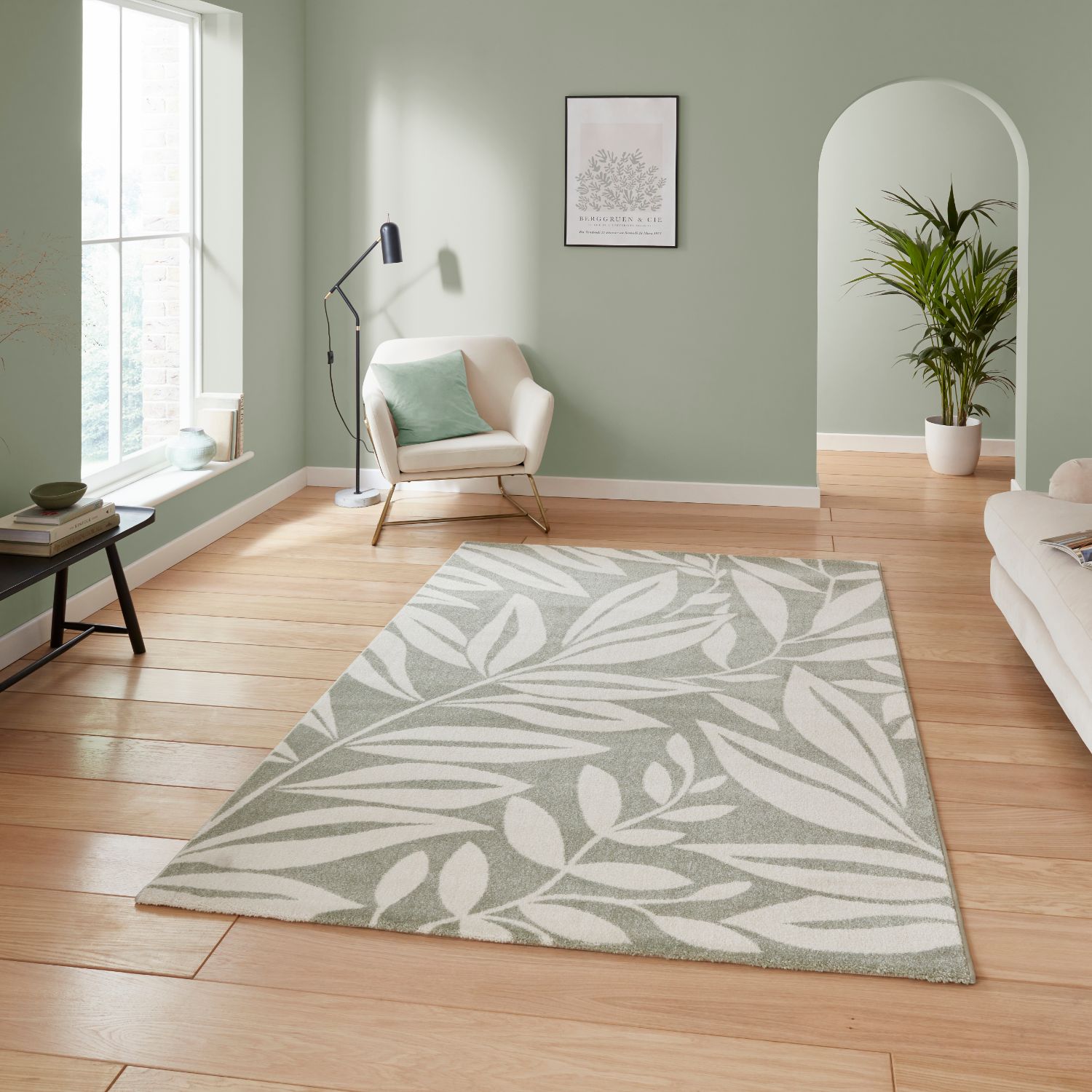 Catherine Lansfield Sorral Leaves Sage Green Rug | 80x150, 120x170