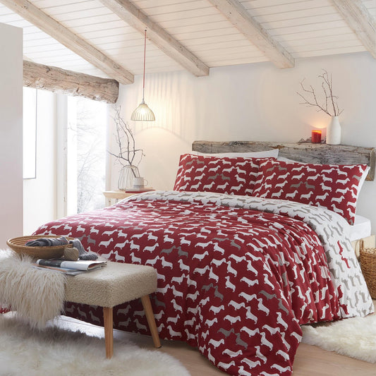 Dudley Dachshund Red Brushed Cotton Duvet Set