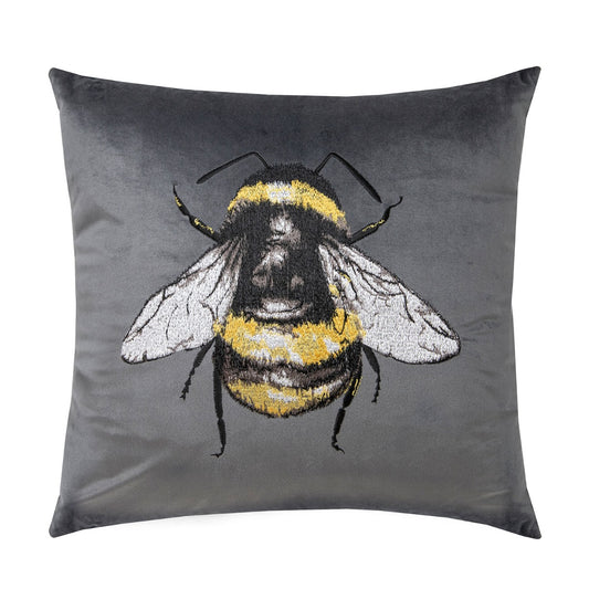 Charcoal Grey Velvet Bumblebee Embroidered Cushion (43cm x 43cm)