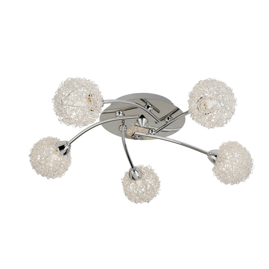 5 Light Ceiling Flush Light with Chrome and Aluminium Wire Shades