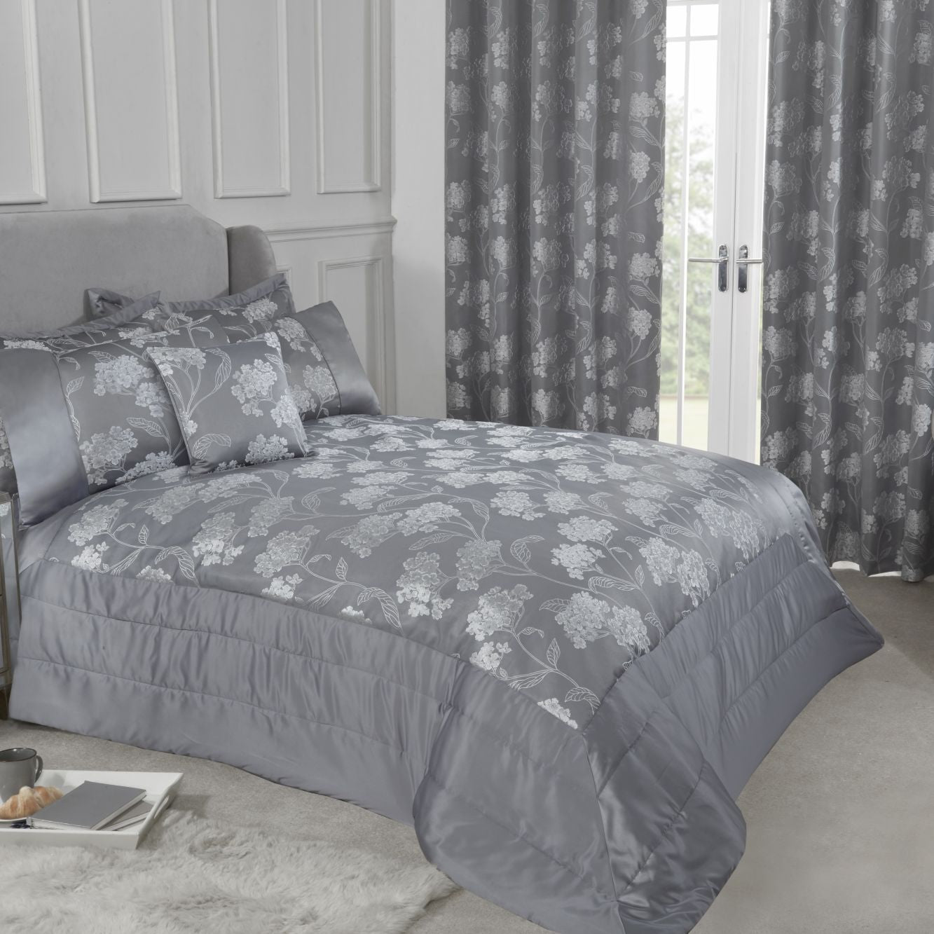 Blossom Silver Embellished Jacquard Quilted Bedspread Set (220cm x 240