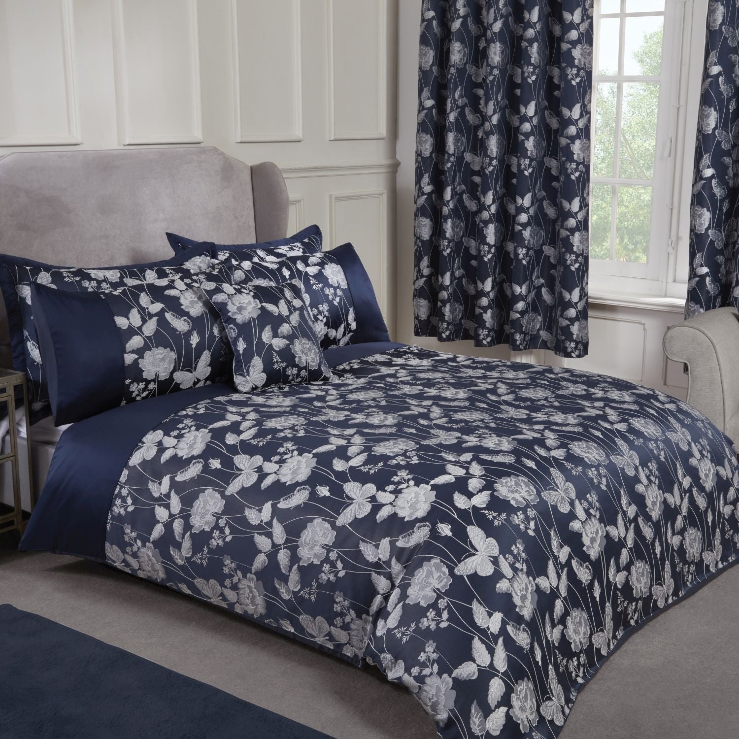 Butterfly Meadow Navy Embellished Jacquard Duvet Set Julian Charles Home