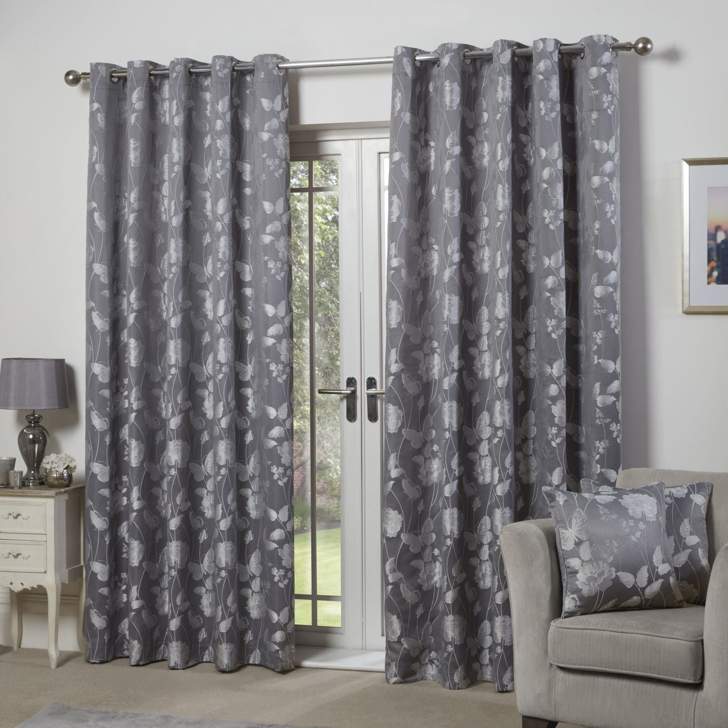 Butterfly Meadow Silver Grey Lined Eyelet Jacquard Curtains Julian