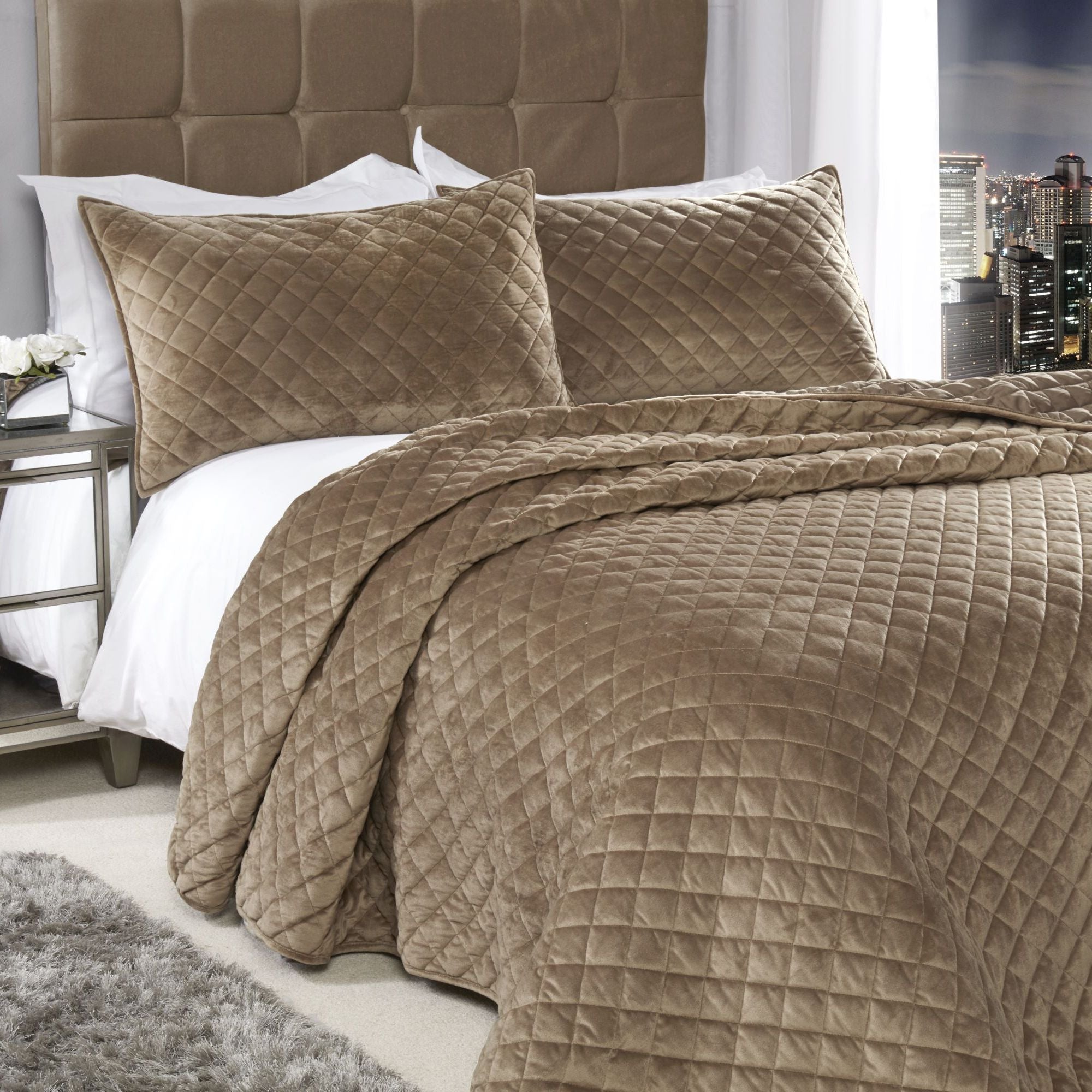 Regent Taupe Quilted Soft Touch Velvet Bedspread Set Julian Charles Home