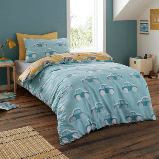 Cool Cars Blue Yellow Reversible 100% Cotton Kids Duvet Set
