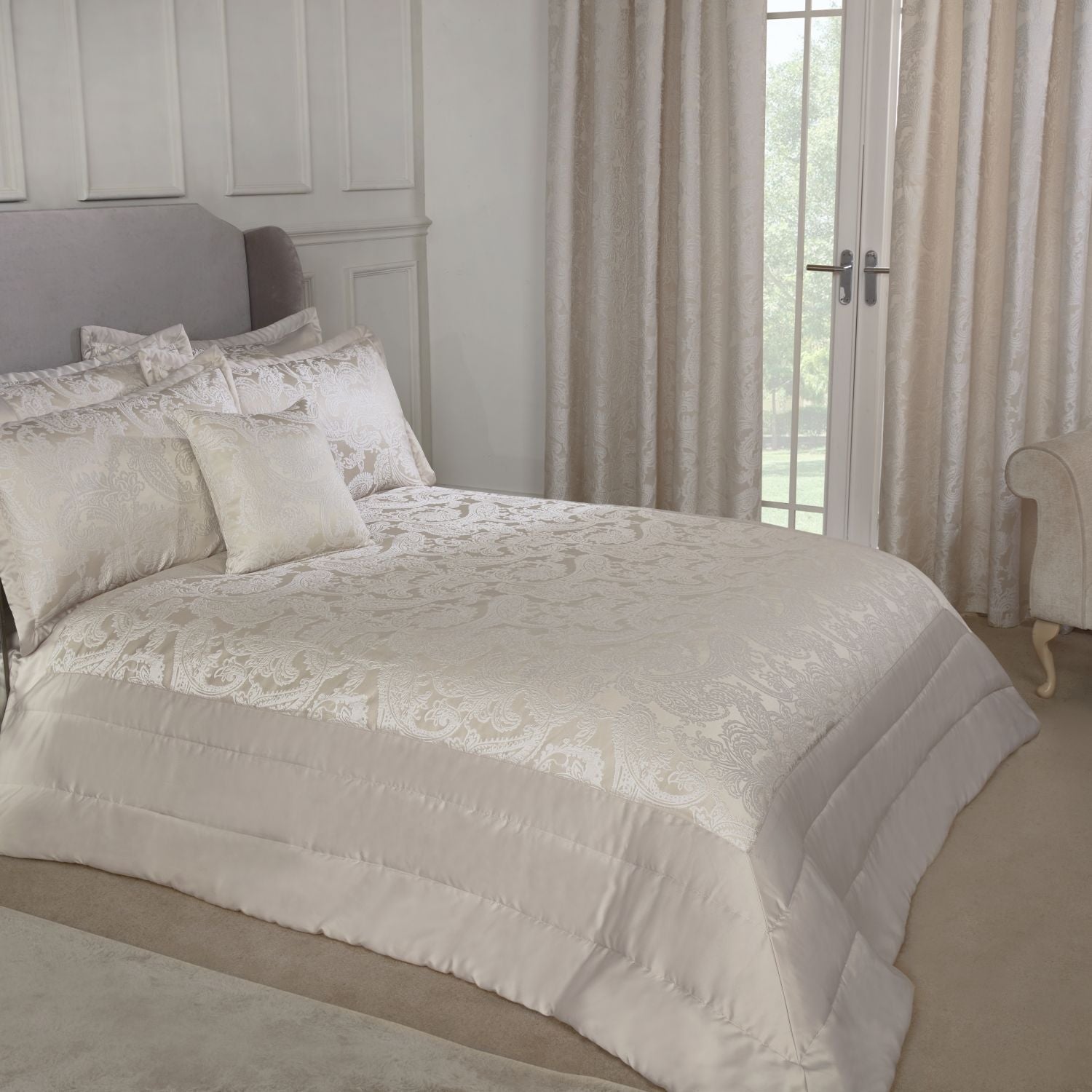 Duchess Cream Embellished Jacquard Quilted Bedspread Set Julian