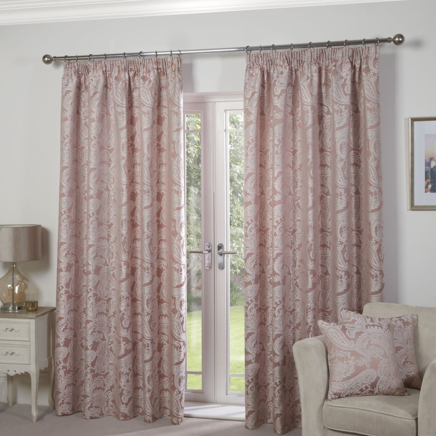 Duchess Blush Pink Lined Pencil Pleat Jacquard Velvet Curtains Julian