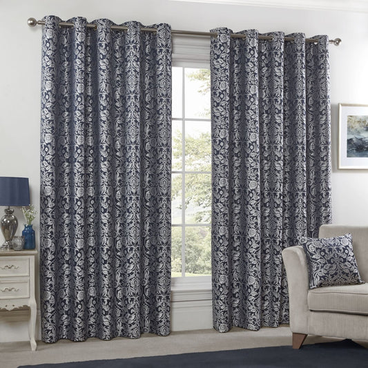 Eden Navy Lined Eyelet Jacquard Curtains