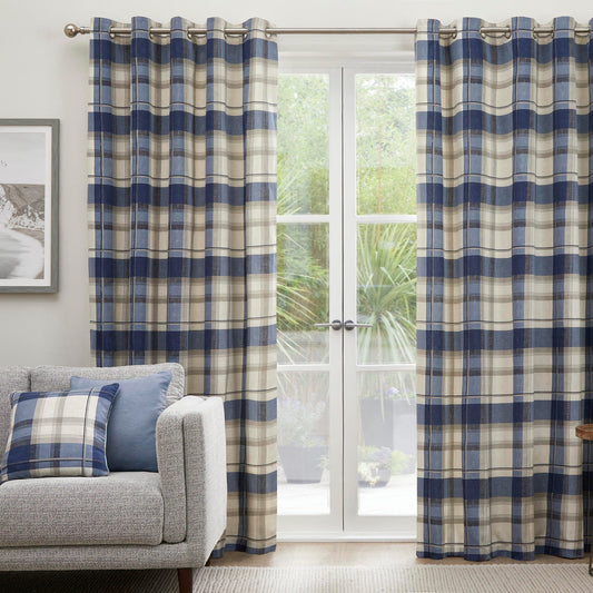 Balmoral Check Navy Blue Eyelet Curtains