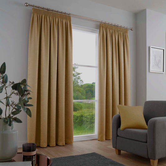 Galaxy Ochre Yellow Dim Out Pencil Pleat Curtains