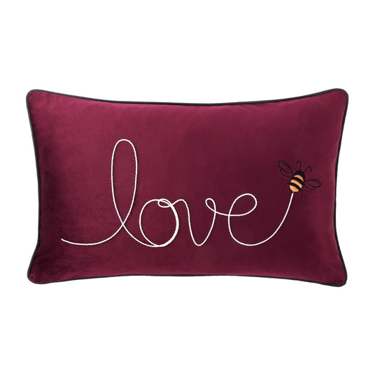 Claret Red Velvet Love Slogan Embroidered Bee Cushion (30cm x 50cm)
