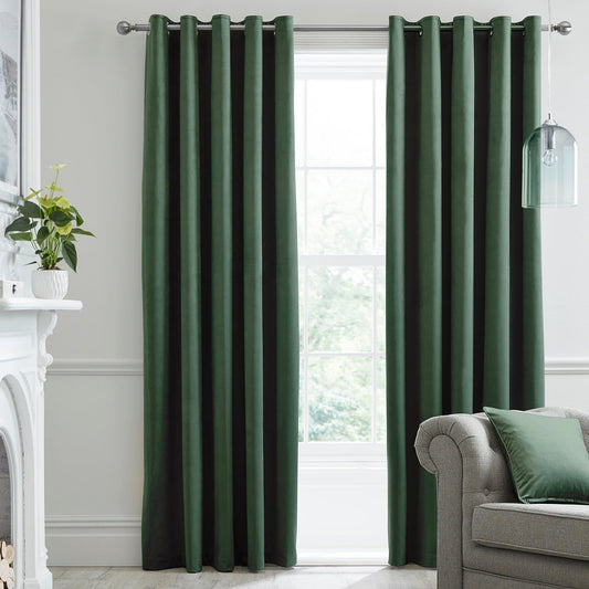 Montrose Bottle Green Velvet Blackout Thermal Coated Eyelet Curtains