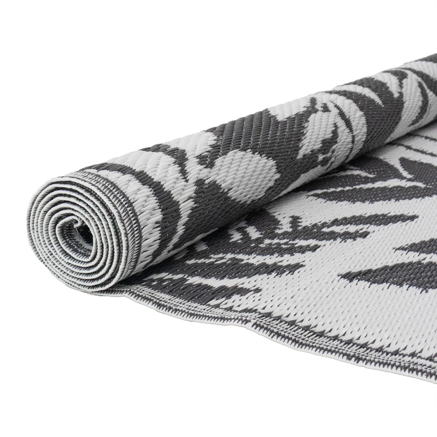 Lightweight Reversible Large Grey Leaf Pattern Outdoor Rug